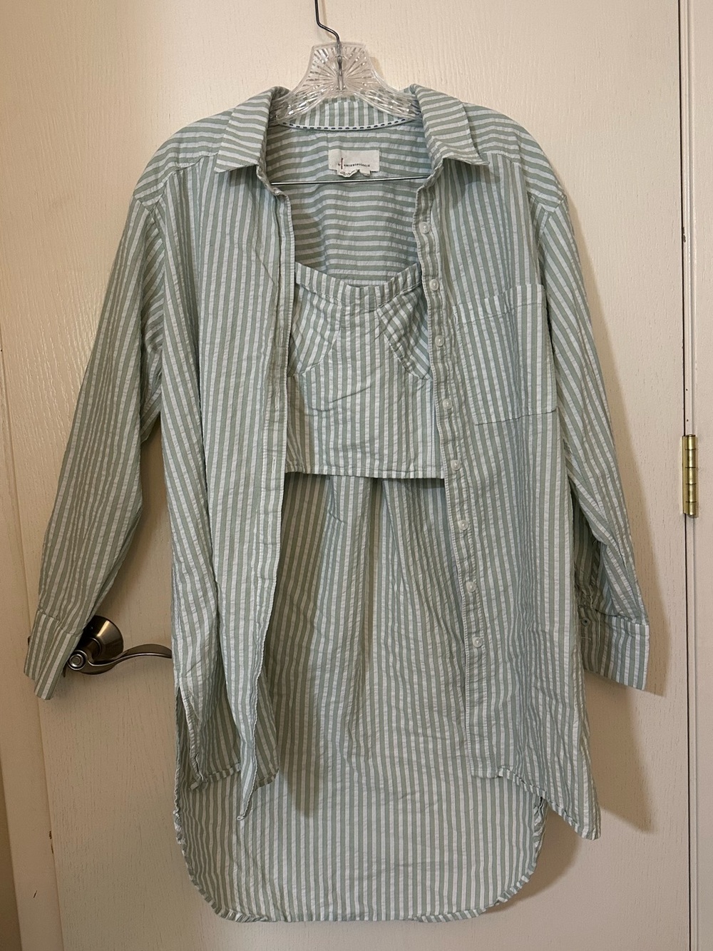 Anthropology Two-Piece Shirt Corset Set in Light Sage White Stripe